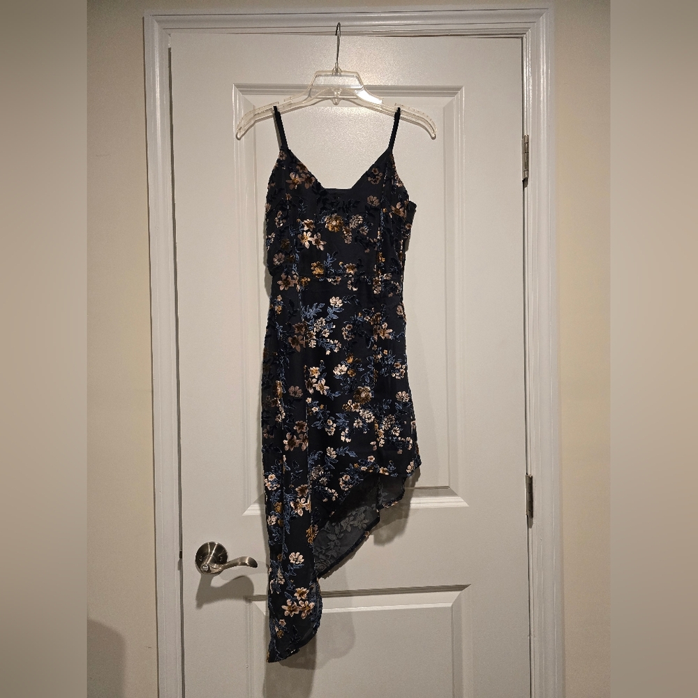 Lulus Women's Evenings with You Dark Teal Floral Velvet Asymmetrical Dress